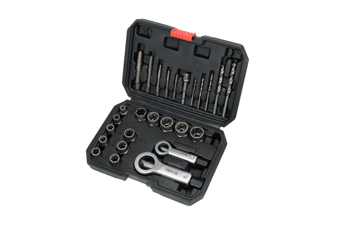 Conjunto universal de extratores de parafusos YATO YT-06037 com 26 peças.