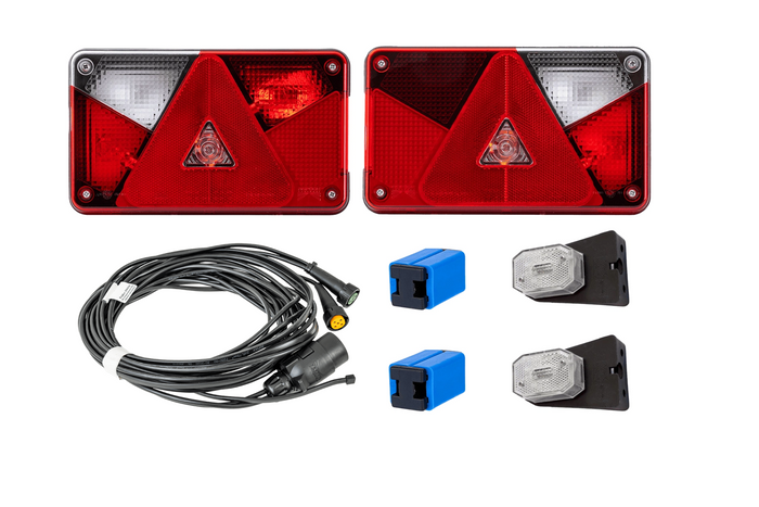 Conjunto de luzes: Luzes traseiras ASPÖCK MULTIPOINT V + Luzes de marcação laterais ASPÖCK FLEXIPOINT I + Chicote ASPÖCK de 4,5 m e 7 pinos