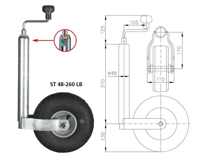 Roda guia WINTERHOFF ST48-260LB 150kg 48mm 500-710mm