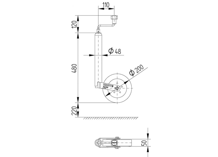 Roda de apoio KNOTT TK48 150kg 48mm 480-700mm