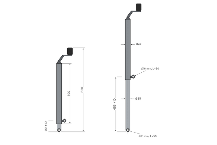 Manivela de elevação UNITRAILER para bascular e descarregar um reboque de 1000 kg, com diâmetro de 500 a 865 mm.